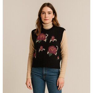 Vintage 1980s Aston Womens Sweater Vest Sz Large Black Floral Wool Chunky Knit